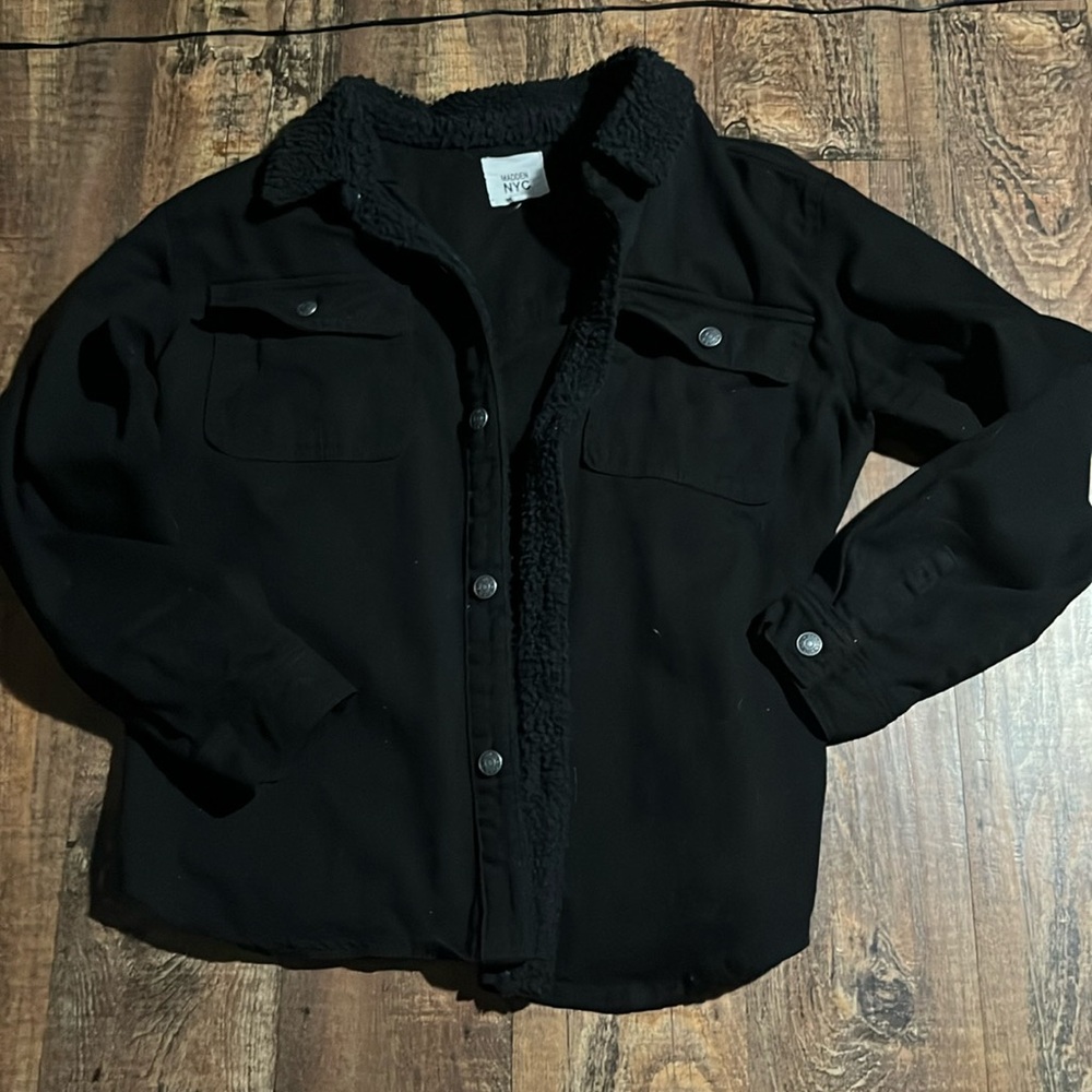 Black with Fleece Like Embellishment’s, Denim Jacket.Warm & Soft. Super Cute. XL